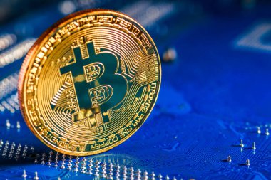 Bilgisayar devre kartı üzerinde altın Bitcoin Cryptocurrency. Makro s