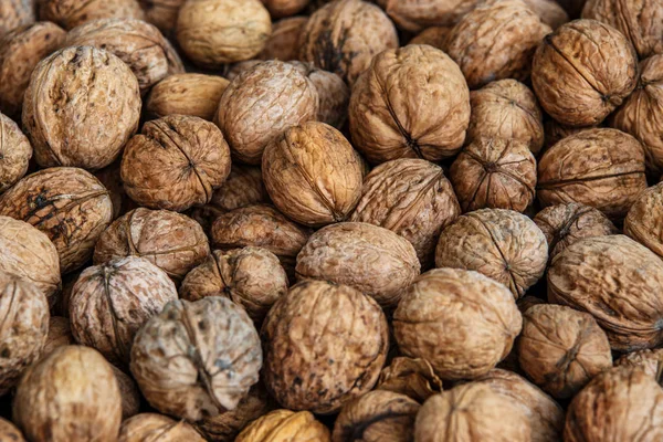 Vlašské ořechy, neloupané řecké ořechy, sklizeň vlašských ořechů, vlašské ořechy closeu — Stock fotografie