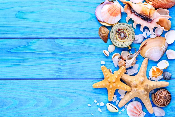 Yaz zamanı konsepti. Güzel deniz yıldızlarıyla bezenmiş düz bir kompozisyon.