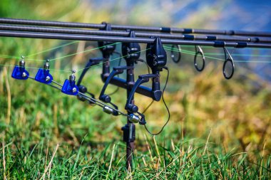 Fishing adventures, carp fishing. Carp fishing rods set up on ho