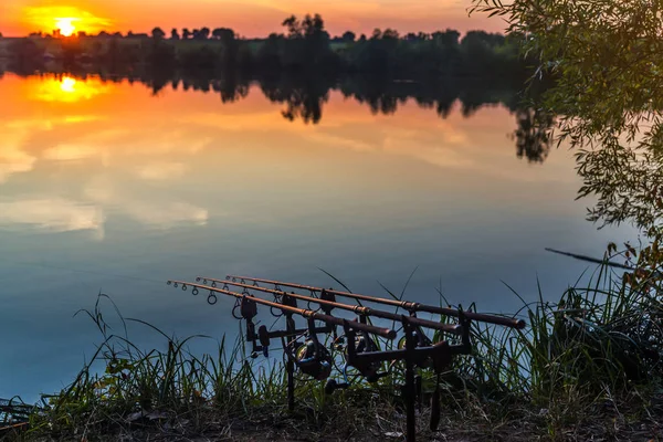 釣りの冒険、鯉釣り。釣り人は、日没時に、釣りです — ストック写真