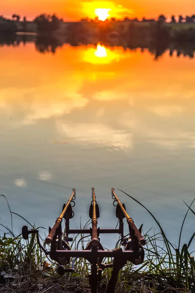 Aventuras de pesca, pesca de carpas. Pescador, al atardecer, es la pesca —  Fotos de Stock