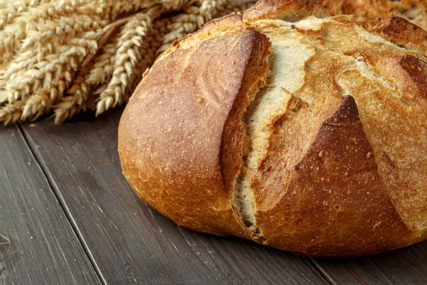 Freshly Baked Traditional Bread Wooden Table Copy Space Food Closeup — Stock Photo, Image