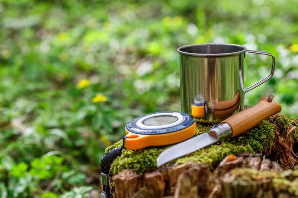 在森林的原木上放了一杯茶 还有森林里的花朵 旅游概念 夏天森林里的游客钢杯和指南针 — 图库照片