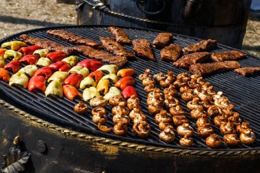 Fuarda metal bir büfede kızarmış sebze. Festivalde barbekü. Şiş üstünde peynir ve dana eti. Festivalde pişiriyorum..