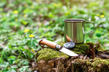Ormandaki bir kütükte, orman çiçekleriyle birlikte bir fincan çay. Seyahat konsepti. Turist çeliği kupası ve yaz ormanlarında pusula. Doğanın arka planında bıçak.,