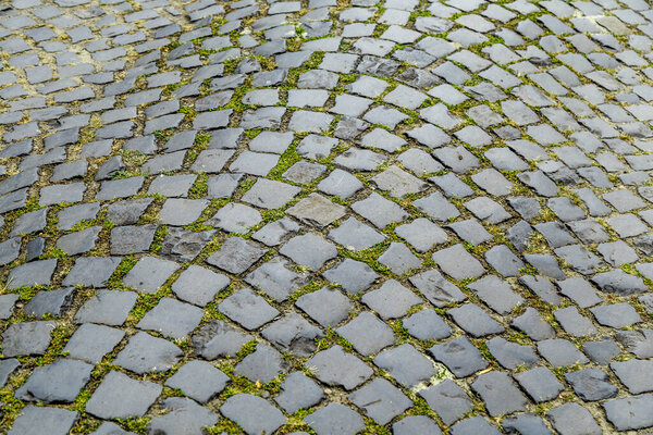 Overhead view of cobblestone street texture with grass. Stone pavement texture, can be used as background image..