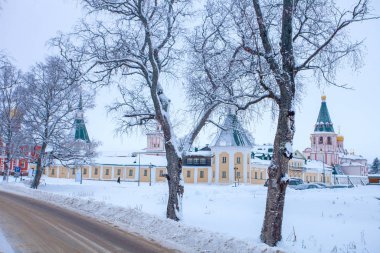 Iversky Manastırı ile kış manzarası. Valdai, Rusya