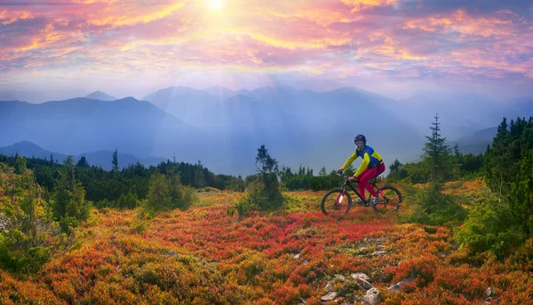 Велосипедист в осенних горах — стоковое фото