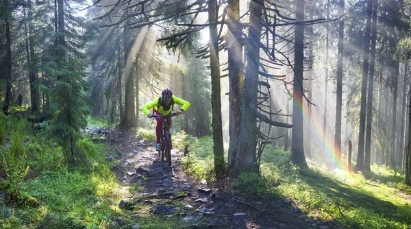 Cavaleiro de nevoeiro em uma bicicleta de montanha — Fotografia de Stock