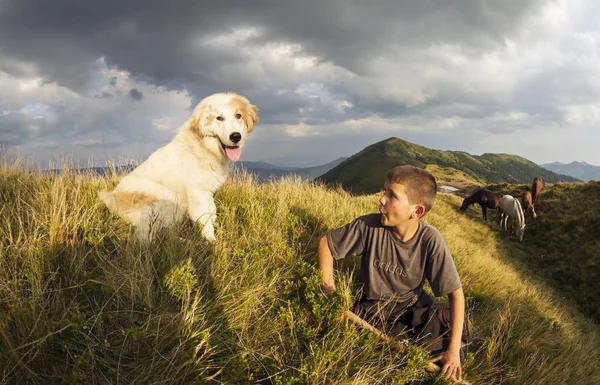 Hirte und treuer zotteliger Hund — Stockfoto