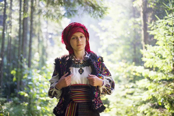 Menina em vestido tradicional posando em montanhas — Fotografia de Stock