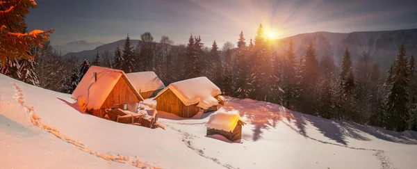 Casas cubiertas de nieve en los Cárpatos — Foto de Stock