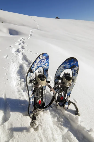 Ciaspolata e campo di neve in montagna — Foto Stock