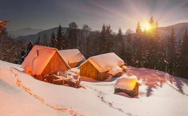 Karla kaplı evlerde Karpatlar — Stok fotoğraf