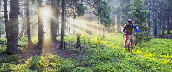 Homem de bicicleta em montanhas com raios de sol — Fotografia de Stock