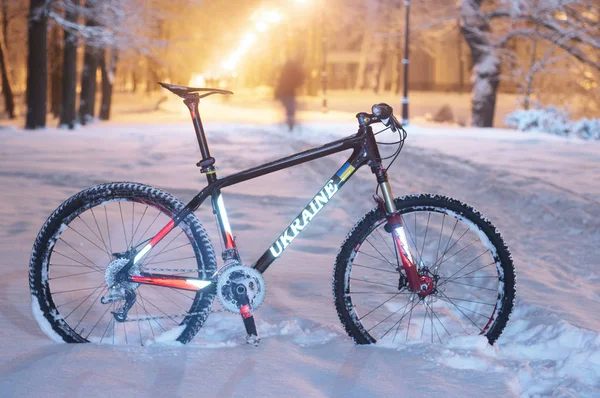 Mountain bike MTB em queda de neve — Fotografia de Stock