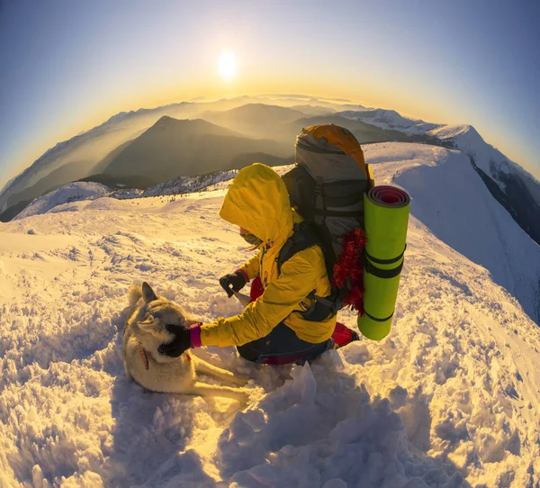 Scalatore con cane in inverno Carpazi — Foto Stock