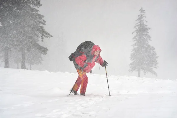 Turista a piedi attraverso una violenta tempesta — Foto Stock