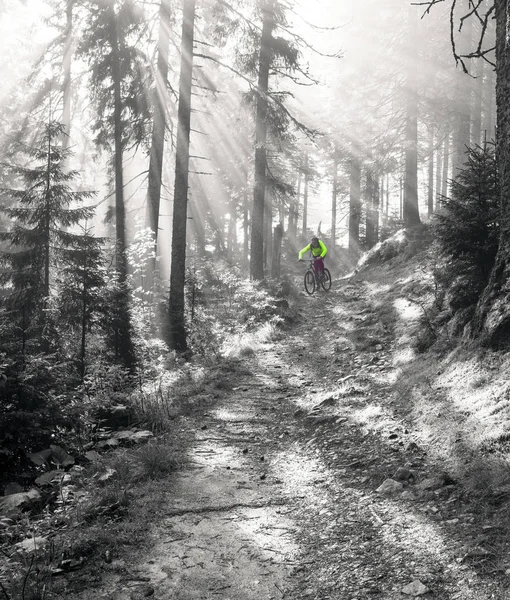 Homem de bicicleta em montanhas com raios de sol — Fotografia de Stock