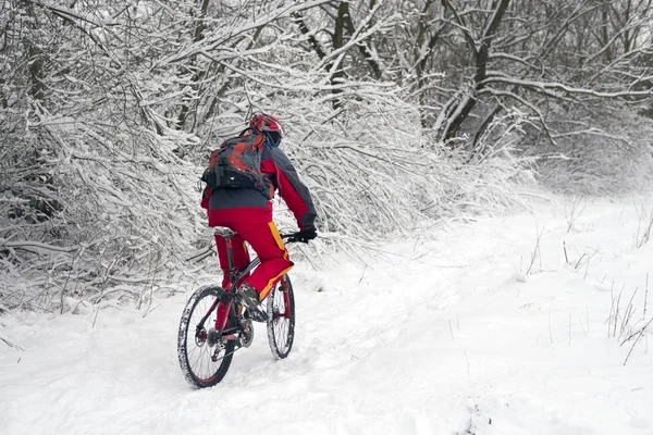 Mountain bike passeios na neve fresca — Fotografia de Stock