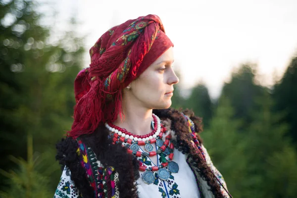 Menina em vestido tradicional posando em montanhas — Fotografia de Stock