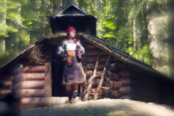 Menina em vestido tradicional posando em montanhas — Fotografia de Stock