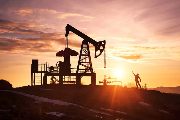 Ukrainian Carpathians Oil Gas Extraction Male Silhouette Sunset Background — Stock Photo, Image