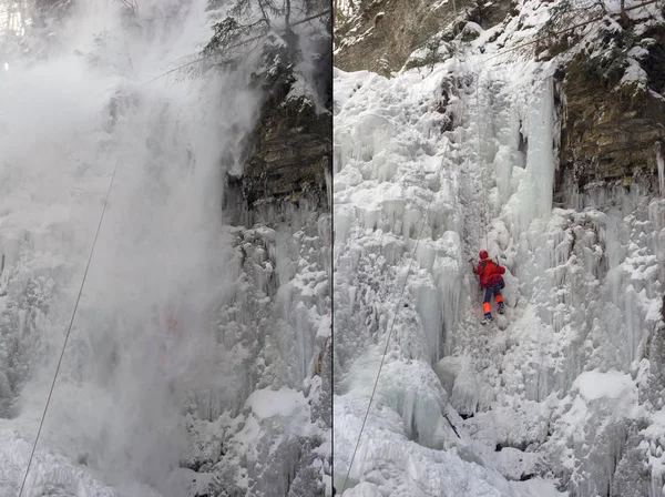 Athletes at Manyavsky waterfall fell into an avalanche — Stock Photo, Image