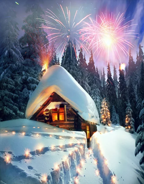 Feuerwerk in einem Berghaus — Stockfoto