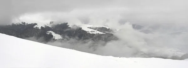 严重的霜冻和暴风雪使冰山一角成了绝妙的冰景 山上的落叶树看起来像个图案 森林上方的山顶 — 图库照片