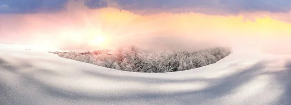 严重的霜冻和暴风雪使冰山一角成了绝妙的冰景 山上的落叶树看起来像个图案 森林上方的山顶 — 图库照片