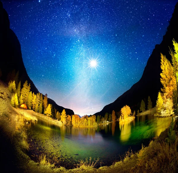 Jezero Údolí Jezera Morteratsch Noci Hvězdy Galaxie Mléčné Dráhy Souhvězdí — Stock fotografie