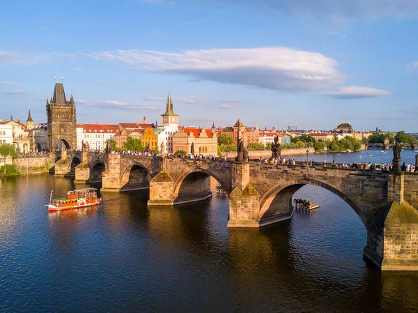 Piękny Zachód Słońca Lotu Ptaka Prague City Panoramiczny Widok Zamku — Zdjęcie stockowe