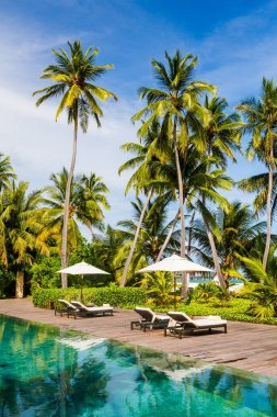 Güzel sonsuzluk havuzu arka plan Cennet Adası üzerinde güzel Resort avucunda ile.