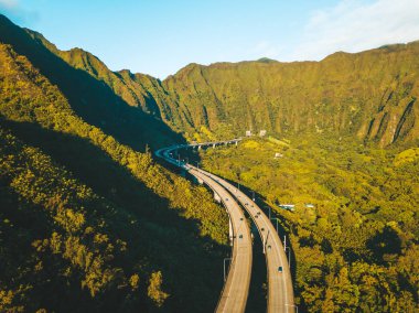 Oahu yeşil dağların görünümünün tarafından Ho'omaluhia Botanik Bahçesi Kaneohe içinde muhteşem havadan görünümü. Dağlar ile ünlü merdiven cennete ya da Haiku merdiven.