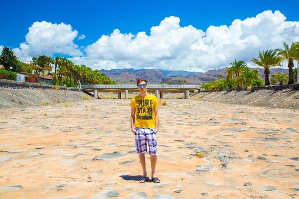 Young Man Standing Dry River Bed Canary Islands Lonely Man — Stock Photo, Image