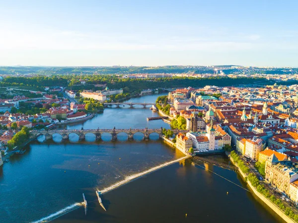 Krásné Vzdušné Slunce Pohled Prague City Panoramatický Výhled Hradem Obzoru — Stock fotografie