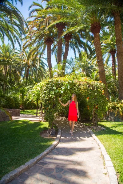 Hermosa Dama Vestido Rojo Largo Teniendo Unas Vacaciones Una Isla —  Fotos de Stock