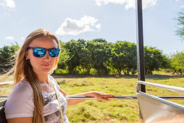 Beautiful Girl Taking Safari Tour Bus National Park Casela Mauritius — Stock Photo, Image