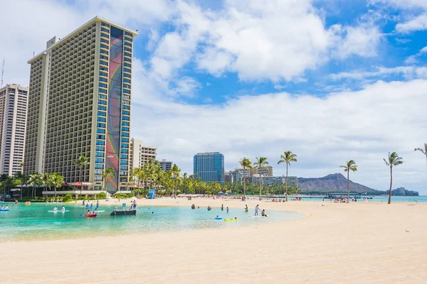 Wspaniały Plaży Waikiki Złoty Pięknym Budynku Krater Diamond Head Tle — Zdjęcie stockowe