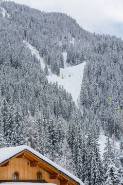 Güzel kış günü büyük bir orman dağlar ve Kayak ile izlemek. Ön Ahşap evin çatı.