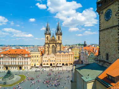 Beautiful panoramic aerial view of the Prague city from above with the old town and Vltava river. clipart
