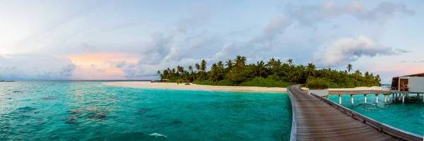 Amazing Panoramic View Jetty Going Ocean Island Maldives Sunset Time — Stock Photo, Image