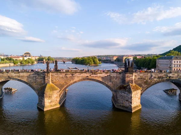 Piękny Zachód Słońca Lotu Ptaka Prague City Panoramiczny Widok Zamku — Zdjęcie stockowe