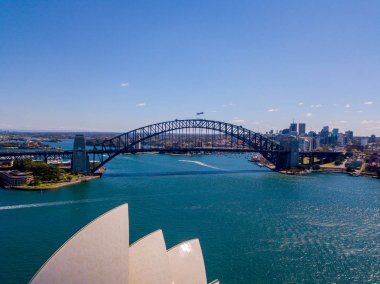 Harbour bridge, Opera Binası karınca liman ile yukarıdan Sydney şehrin havadan görünümü harika. 10 Nisan 2016. Sydney, Avustralya. 