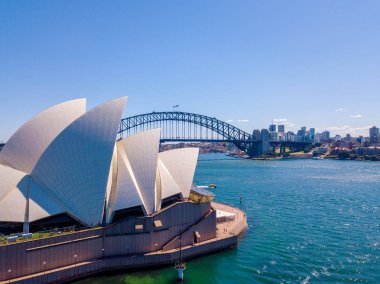 Harbour bridge, Opera Binası karınca liman ile yukarıdan Sydney şehrin havadan görünümü harika. 10 Nisan 2016. Sydney, Avustralya.