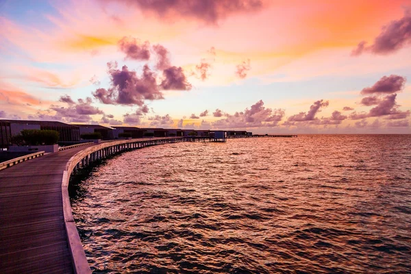 Beautiful Sunset Water Villas Sea Connected Bridge Maldives — Stock Photo, Image
