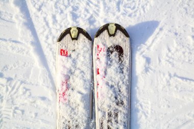 Beyaz kar arka plan üzerinde yukarıdan çift görünümü Spor Kayak.