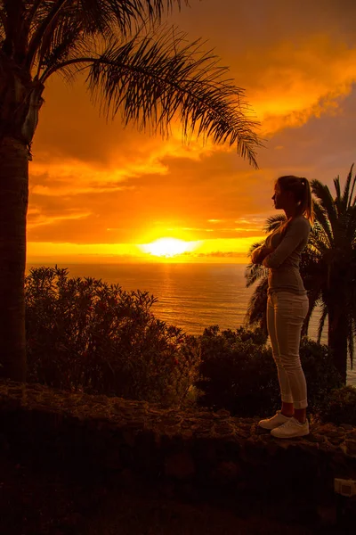 Lady watching ocean sunset on Tenerife island — Stock Photo, Image